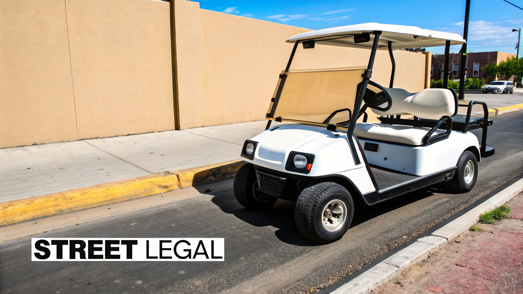A white street-legal golf cart parked on a paved road next to a sidewalk and a tan building.