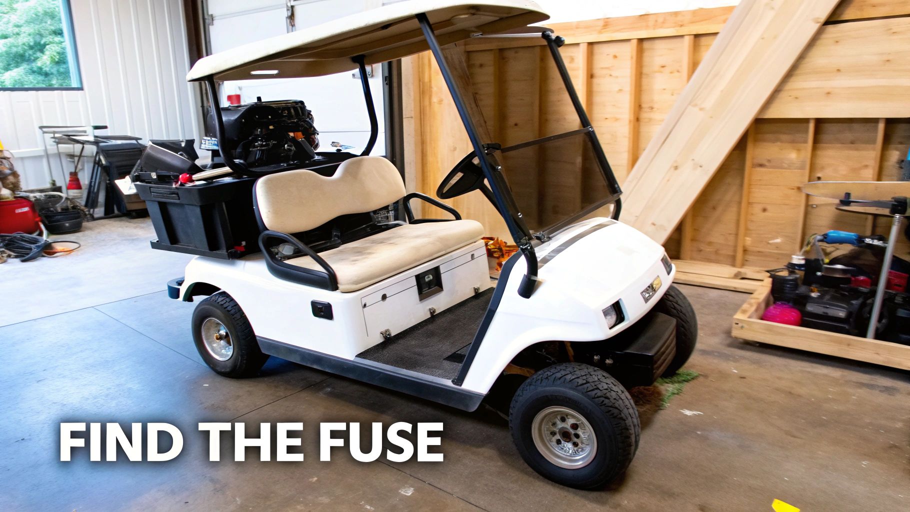 A white golf cart with an engine on the back, parked inside a garage or workshop.