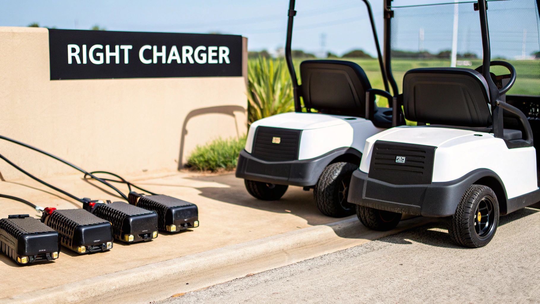 A person connecting a charger plug to a golf cart's charging port.