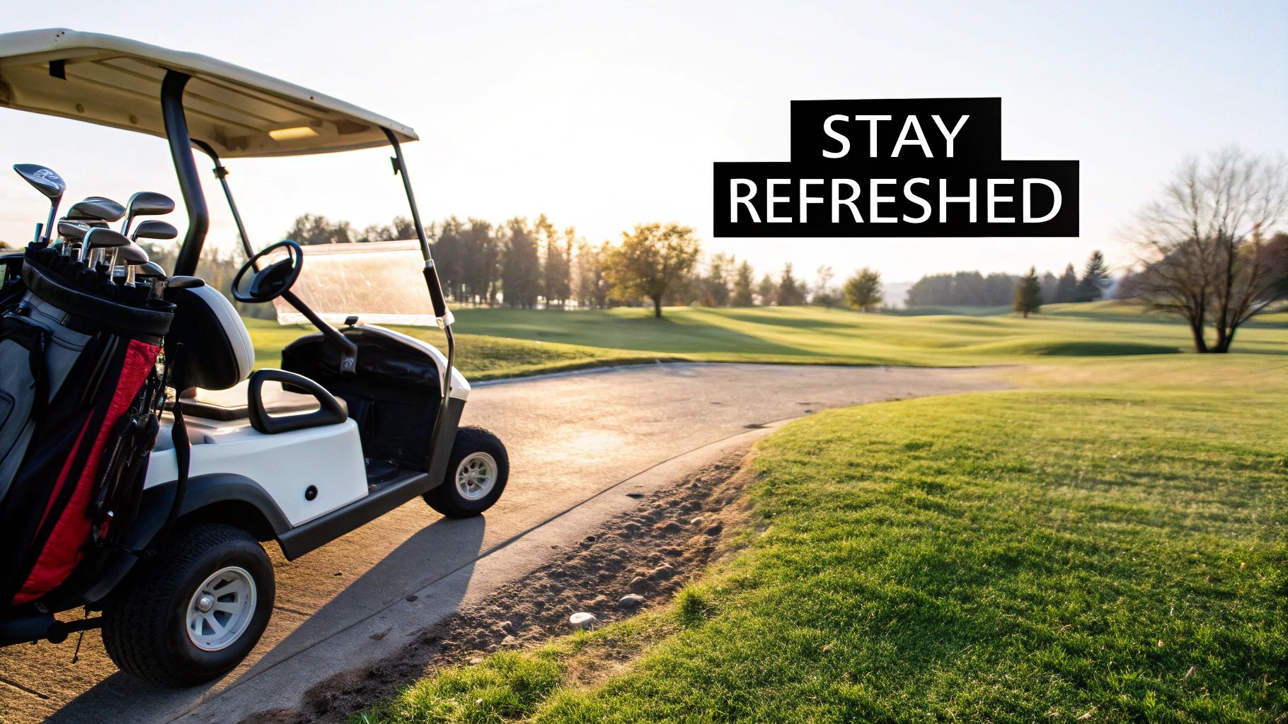 A golf cart cooler bag attached to a golf cart on a sunny golf course.