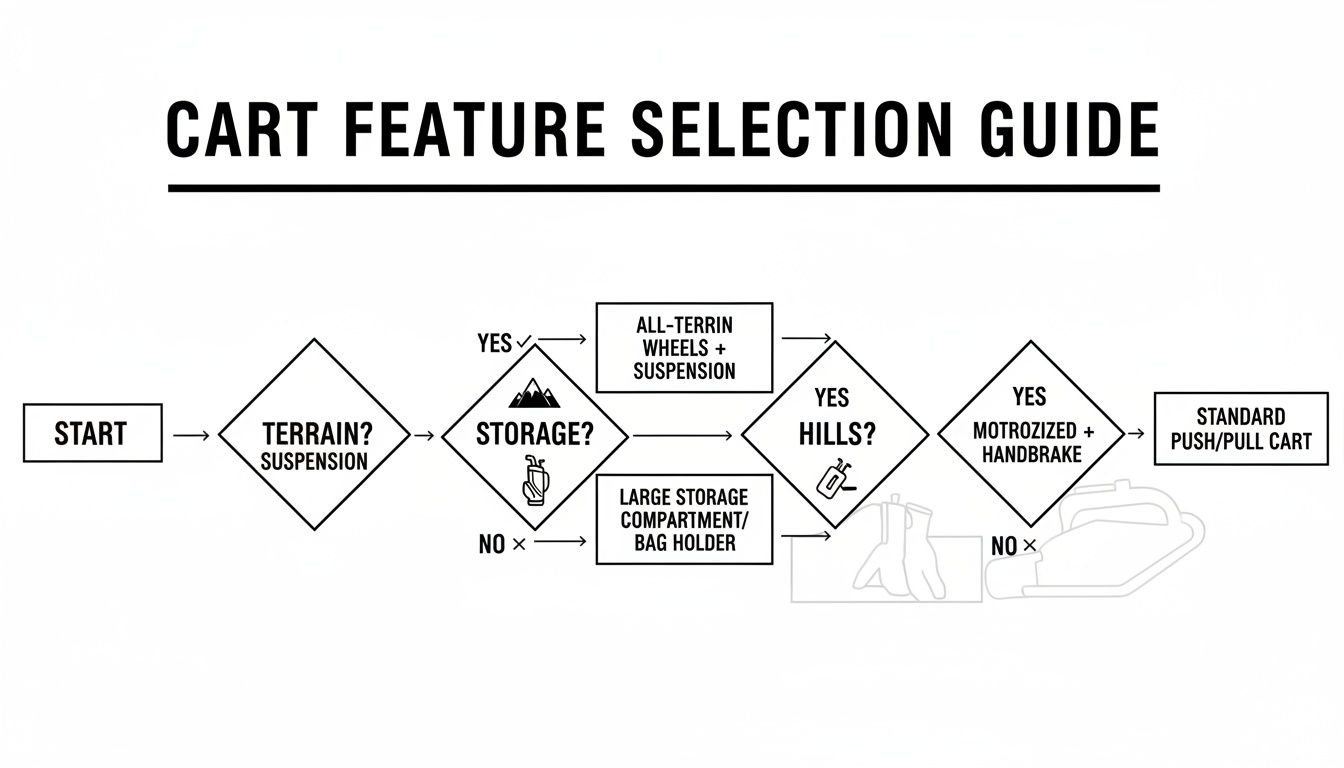 A flowchart titled 'Cart Feature Selection Guide' for choosing a cart based on terrain, storage, and hills.