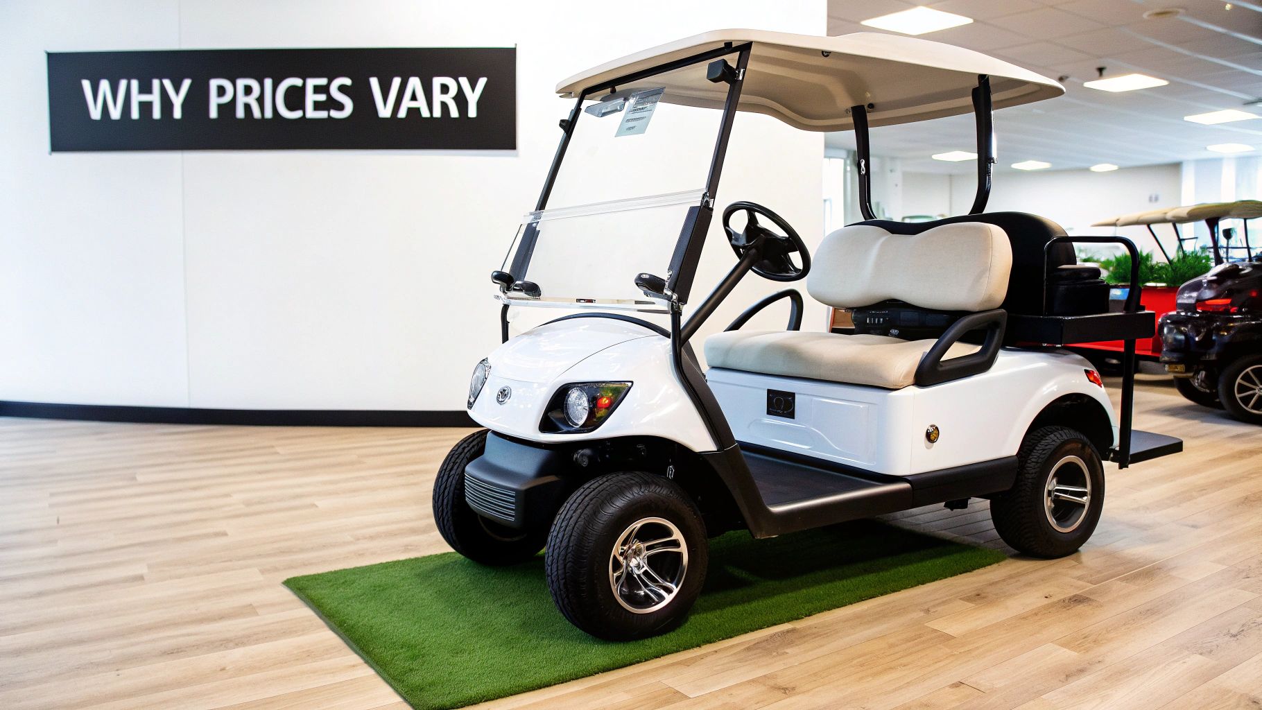 A new white golf cart with tan seats displayed on a green mat in a showroom.