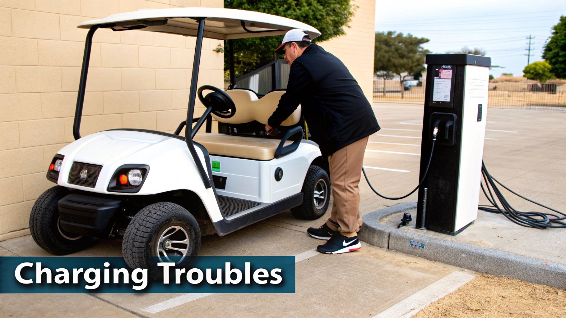 A man attempts to charge a white golf cart at an outdoor station, suggesting potential issues.