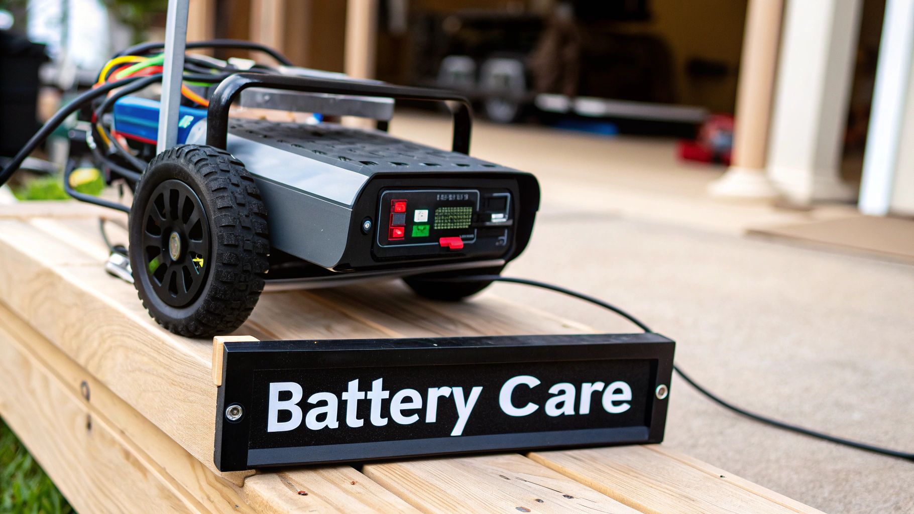 A portable grey and black device with wheels and a control panel, labeled 'Battery Care', sits on a wooden deck.