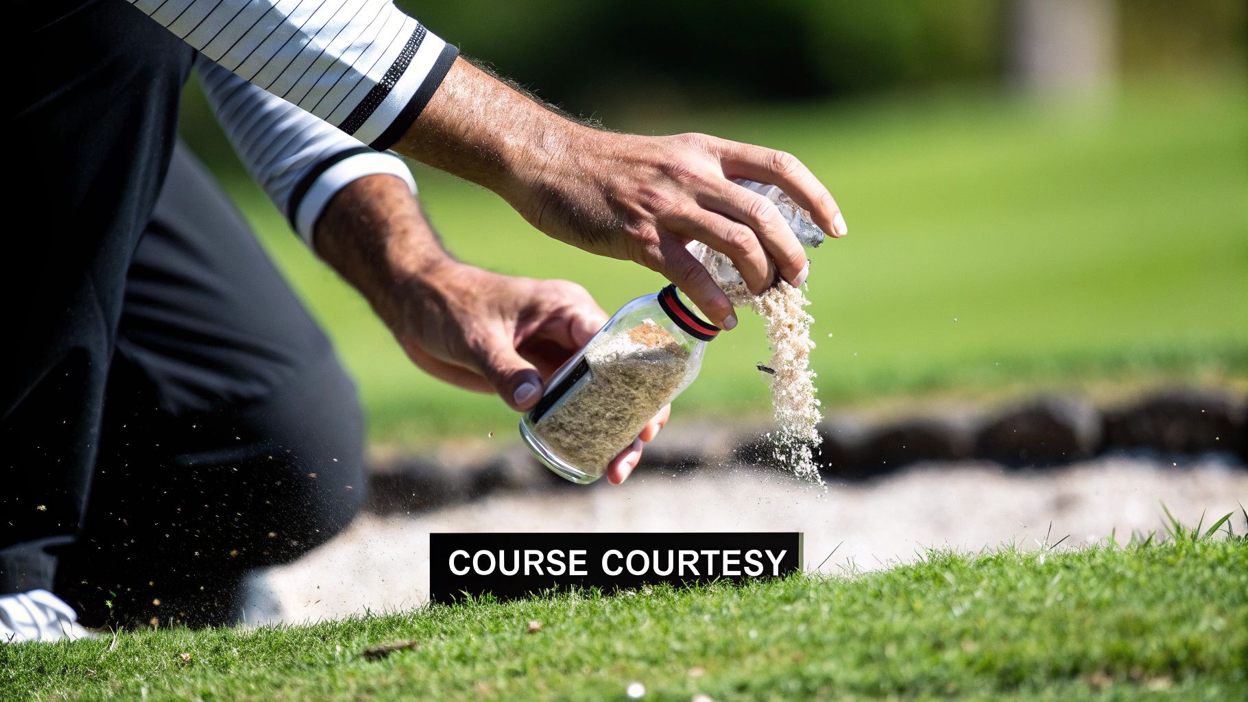 A golfer pours sand from a small bottle to repair a mark on a golf course, demonstrating good course courtesy.