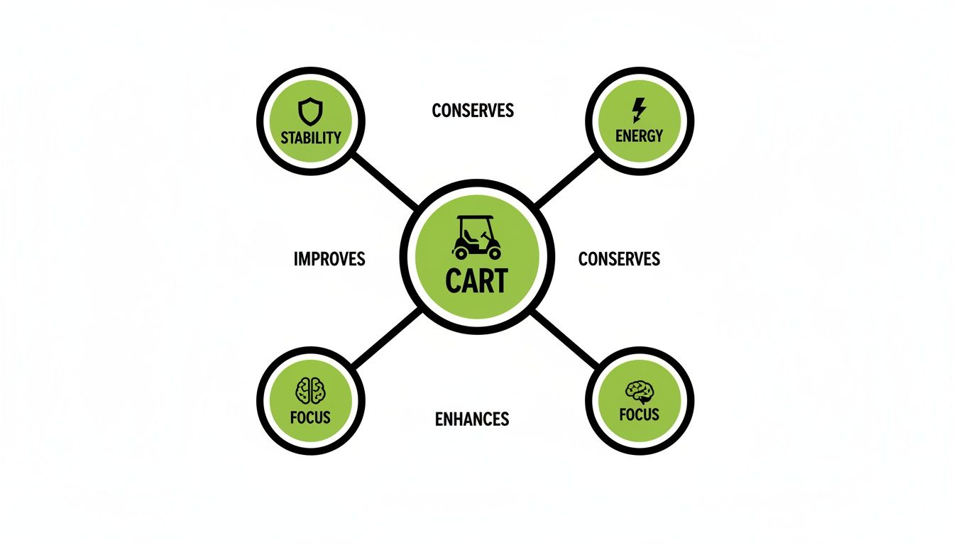 A conceptual diagram showing how a golf cart provides benefits like stability, energy conservation, and improved focus.