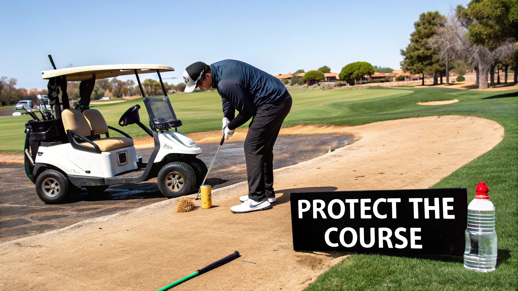 A golf cart sand bottle mounted and ready for use on a pristine golf course.