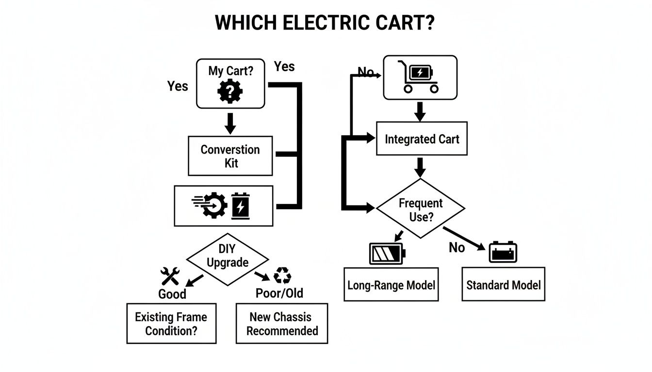 Flowchart guiding selection of an electric cart, covering conversion kits and integrated models.