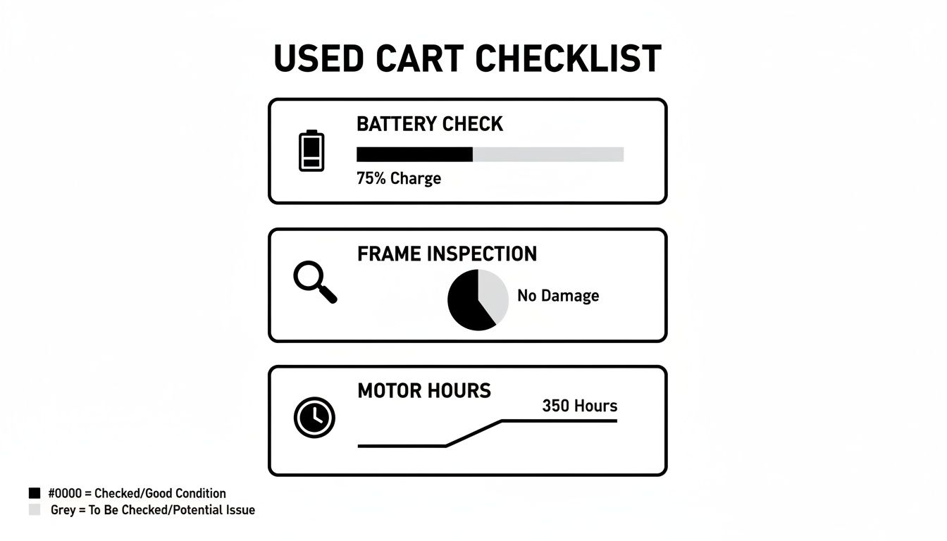 A used cart checklist showing battery check at 75% charge, frame inspection with no damage, and 350 motor hours.