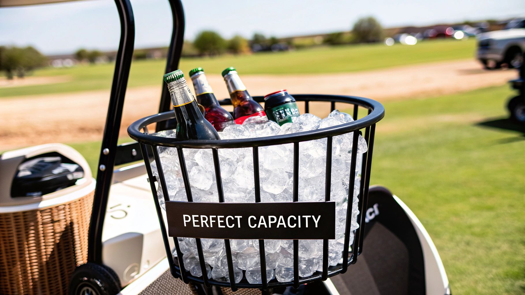 A golfer selecting a drink from a black golf cart cooler bag attached to their cart.