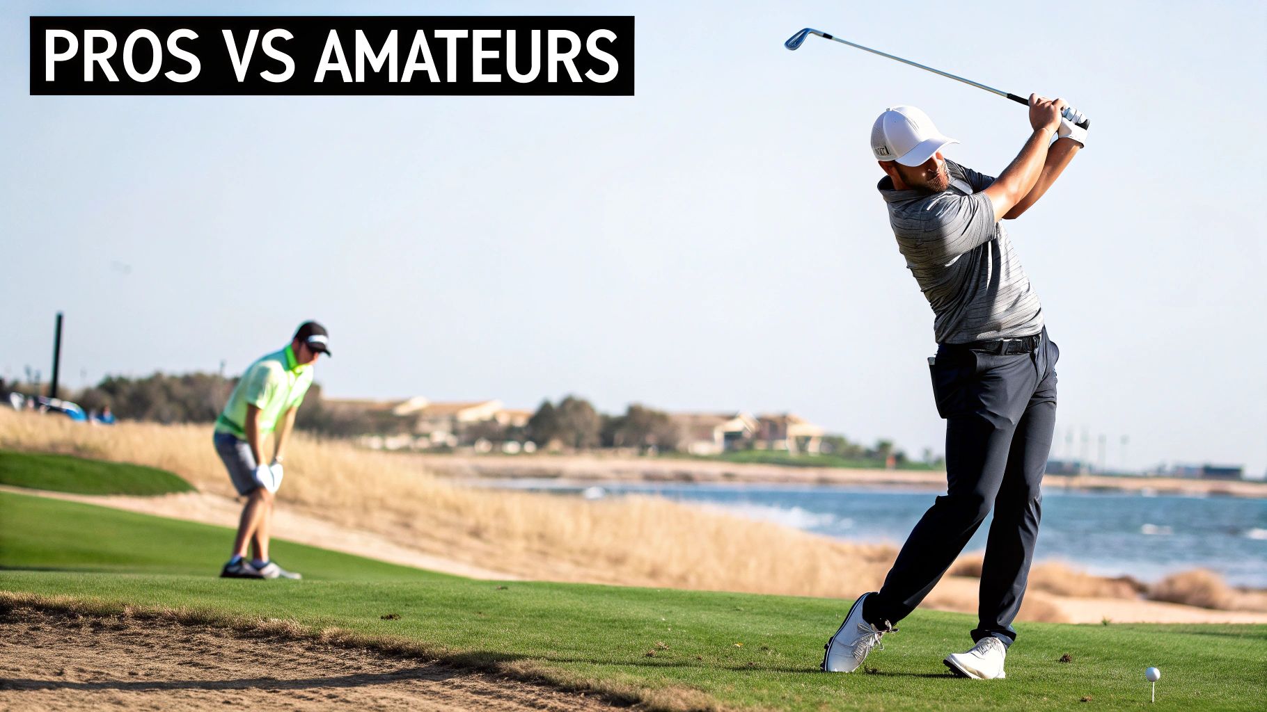 A professional golfer hitting a powerful drive down a lush fairway, showcasing elite skill.