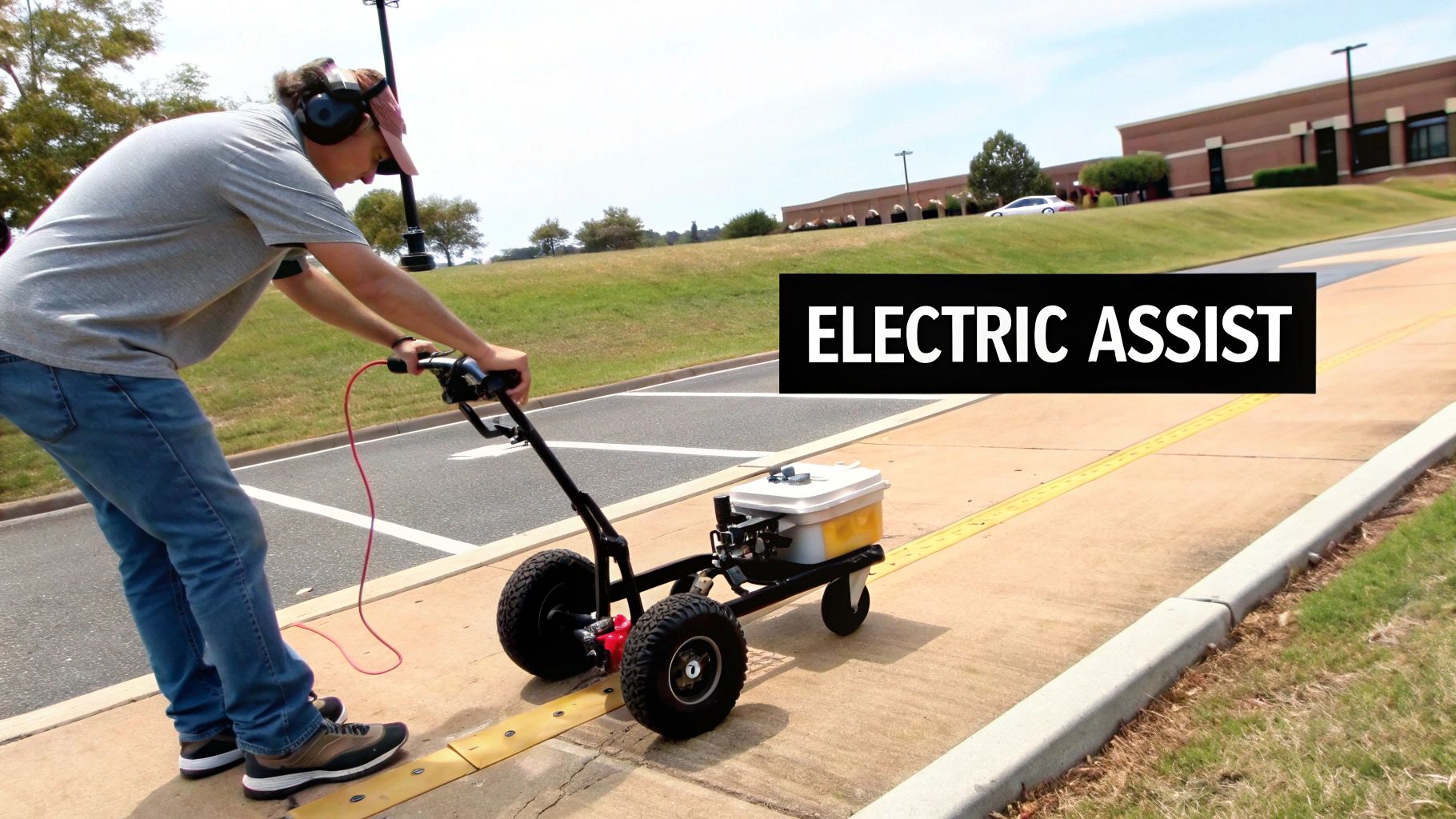 Man with headphones pushing an 'ELECTRIC ASSIST' four-wheeled cart on a paved path.