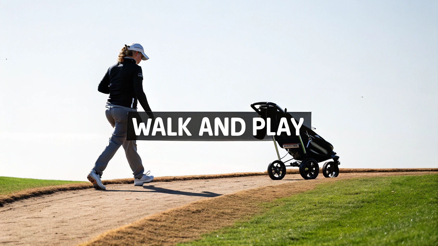 A golfer with a push cart on a sunny golf course