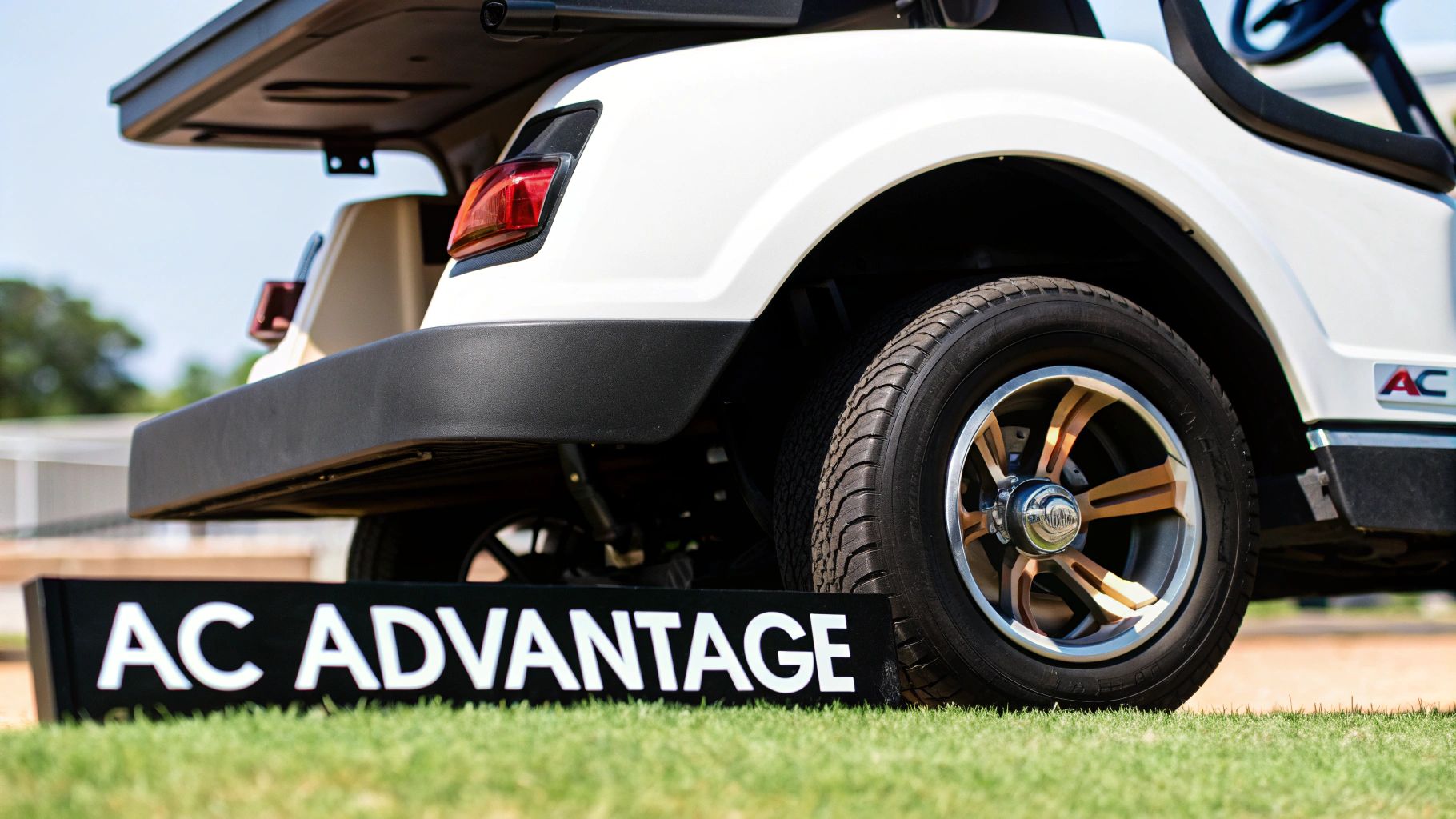 Close-up of a white golf cart's rear wheel with a distinctive bronze rim, next to an 'AC ADVANTAGE' sign on grass.