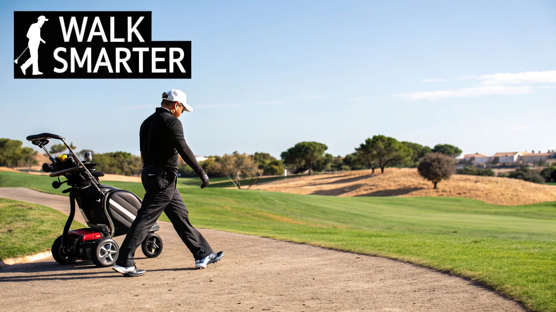Golfer with an electric caddy on a sunny golf course