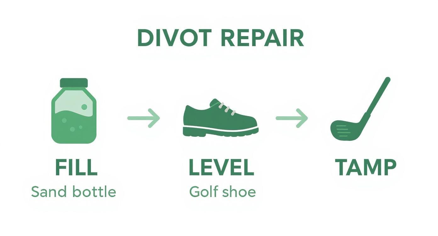 Graphic illustrating golf divot repair using a sand bottle, golf shoe, and golf club.