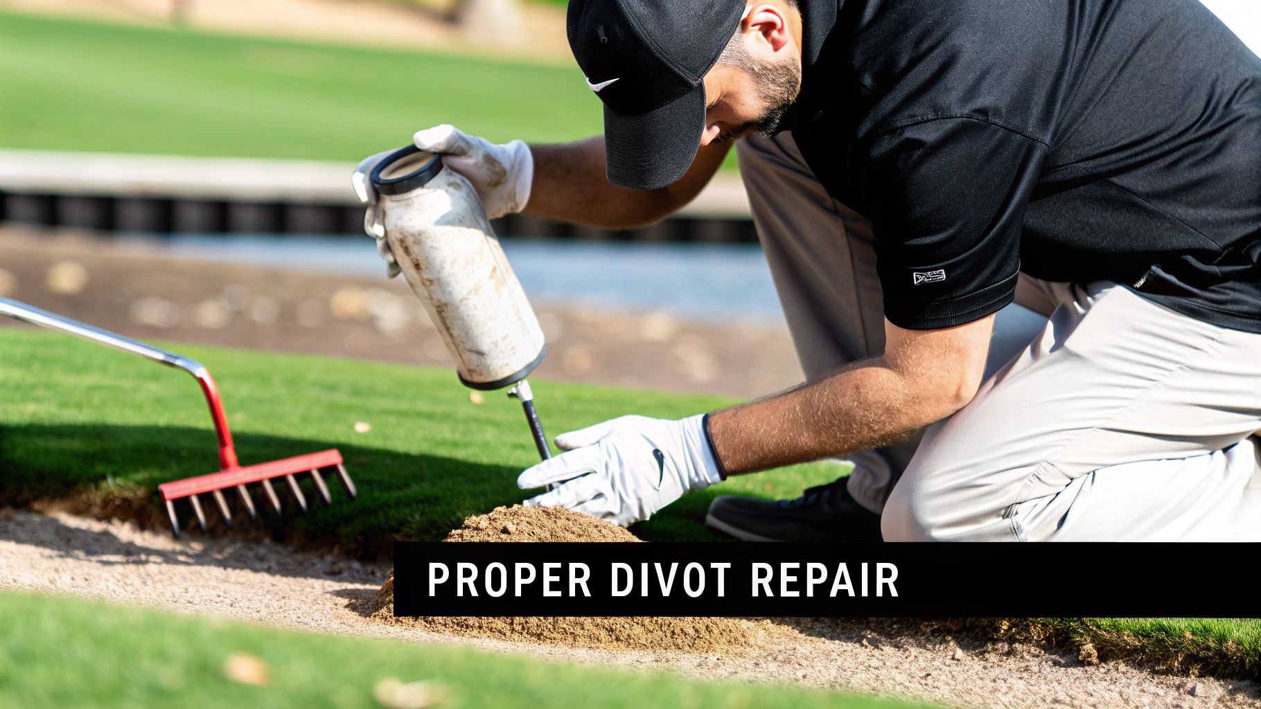 A golfer kneels on a green, using a sand bottle to properly repair a divot, with a rake nearby.