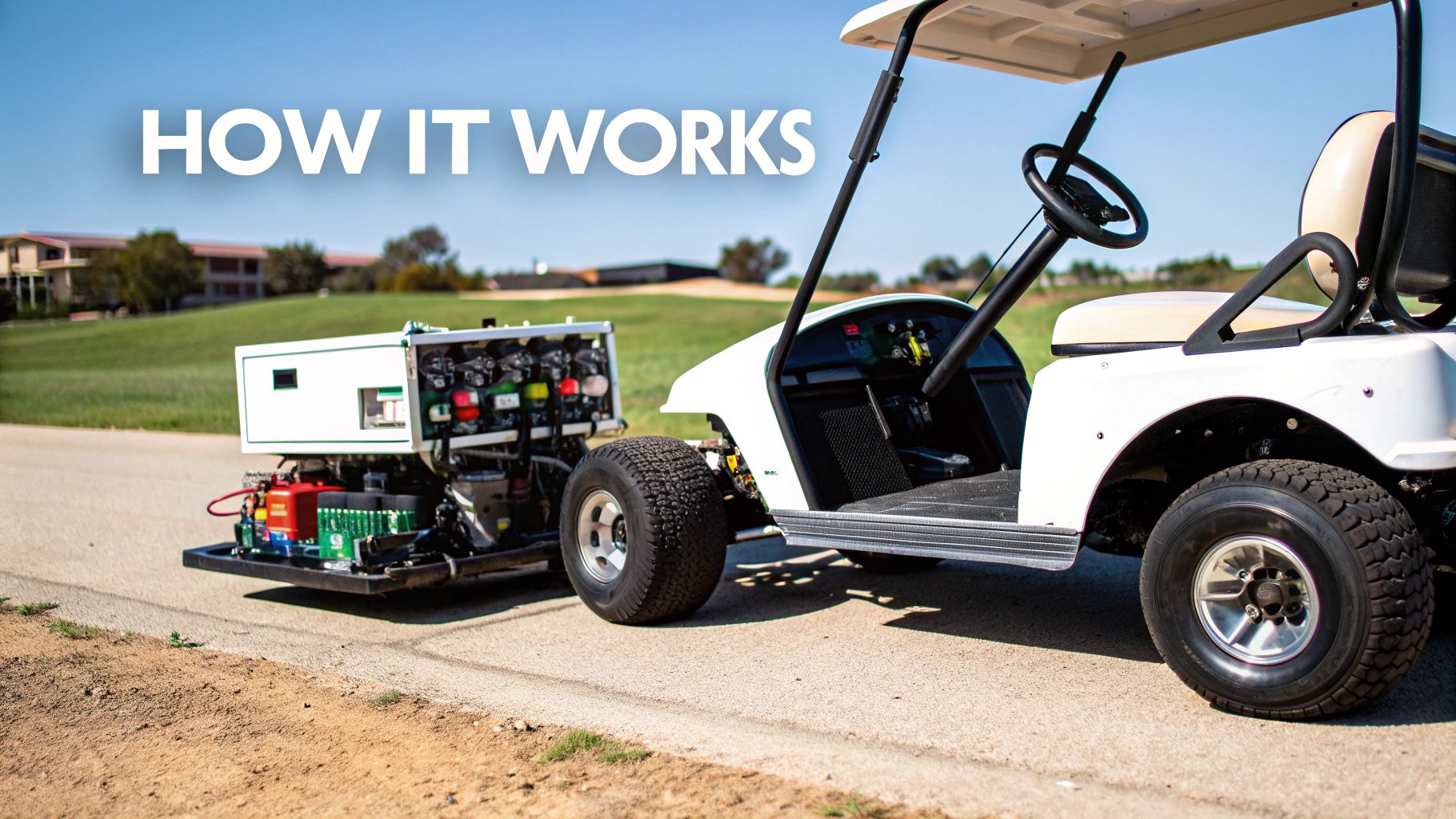 A close-up view of the electric motor and battery compartment of a modern golf power cart