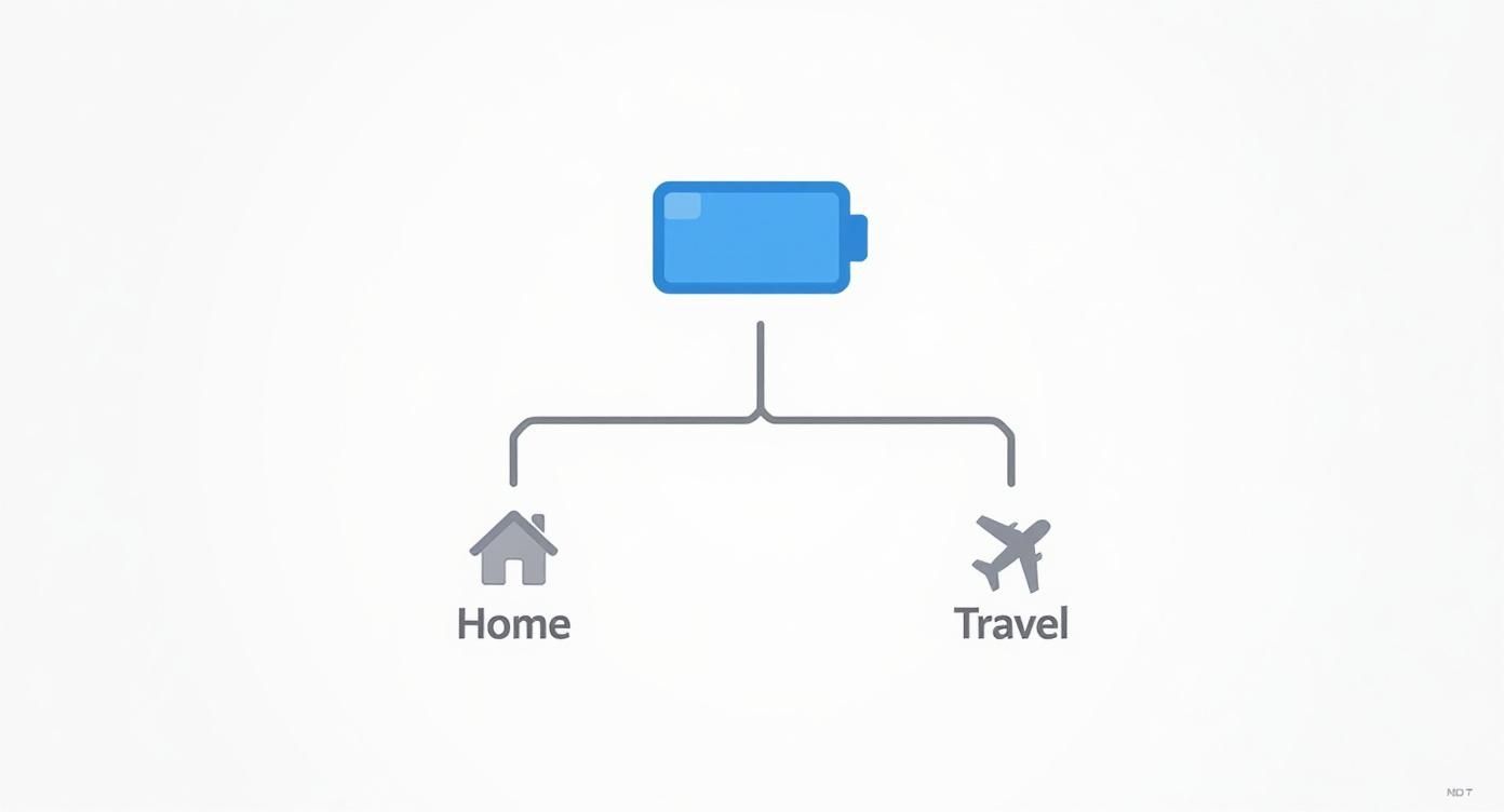 Diagram showing a battery icon branching out to 'Home' (house) and 'Travel' (airplane) options.