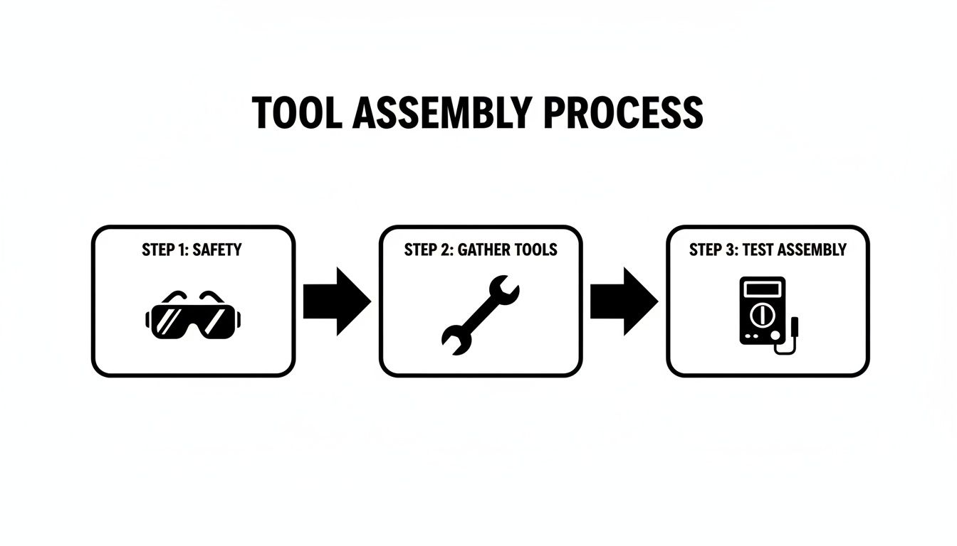 A flowchart depicting the tool assembly process with three steps: safety, gather tools, and test assembly.
