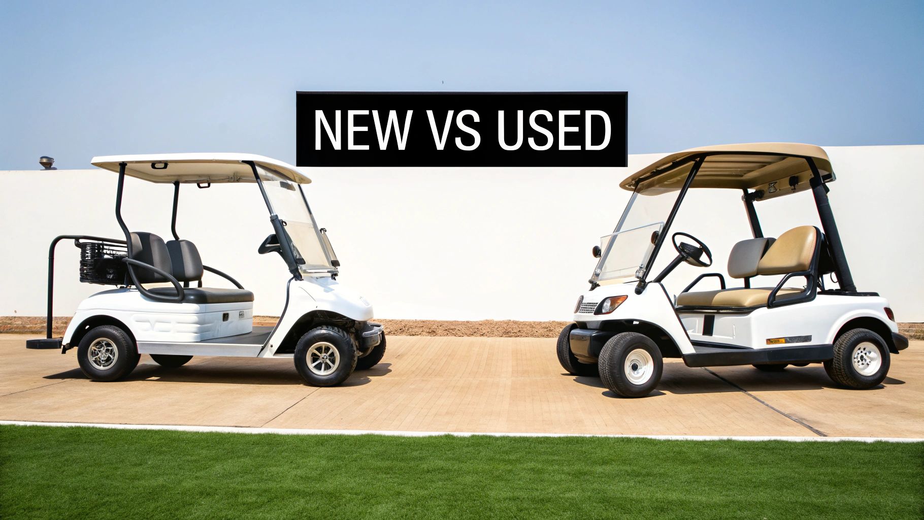 A new white golf cart on the left and a used white golf cart on the right, under a 'NEW VS USED' sign.