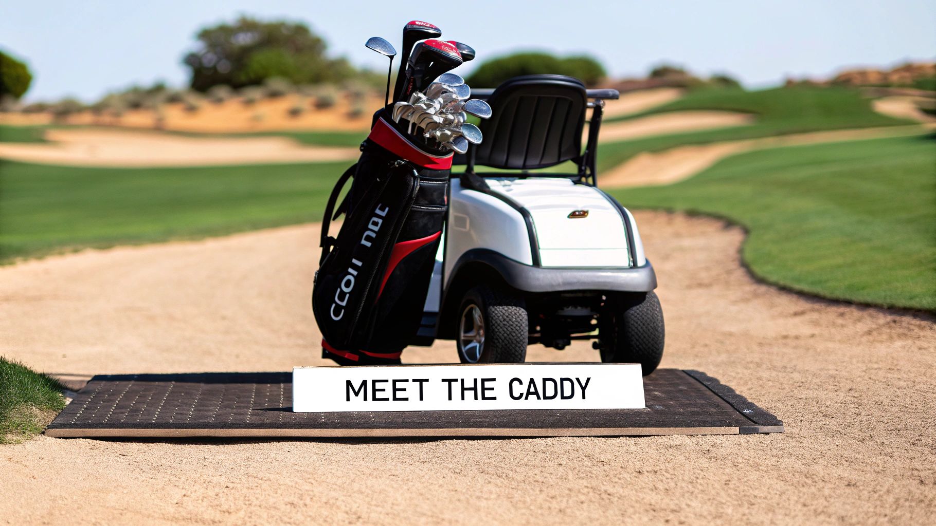 An electric golf cart caddy with a golf bag on a green fairway