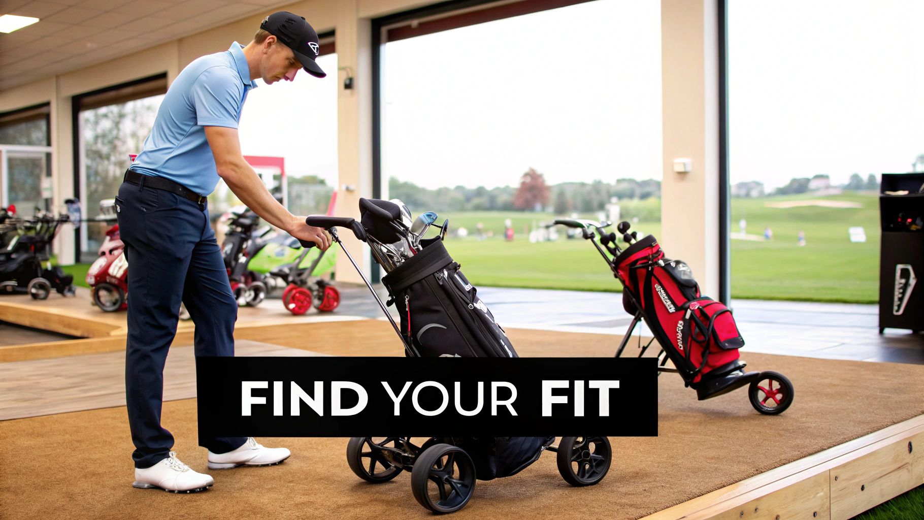 A golfer setting up a remote control golf trolley on the course