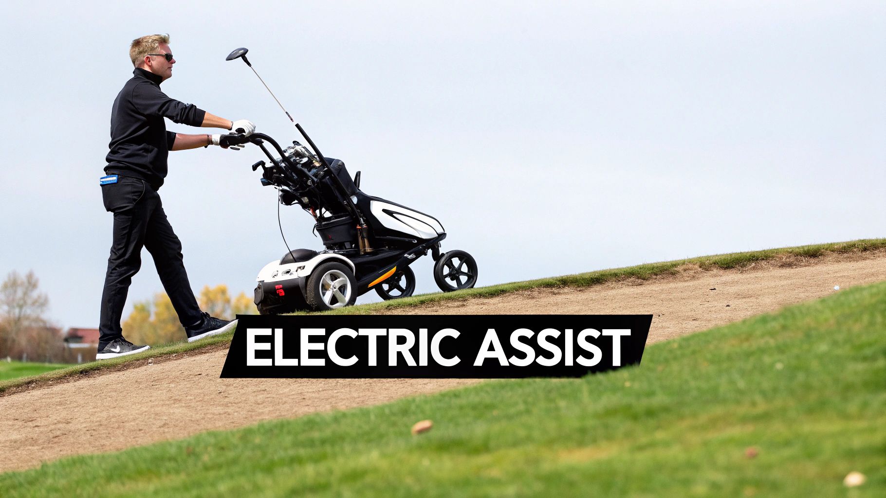 A man in black attire pushes a white electric golf cart up a dirt path on a golf course.