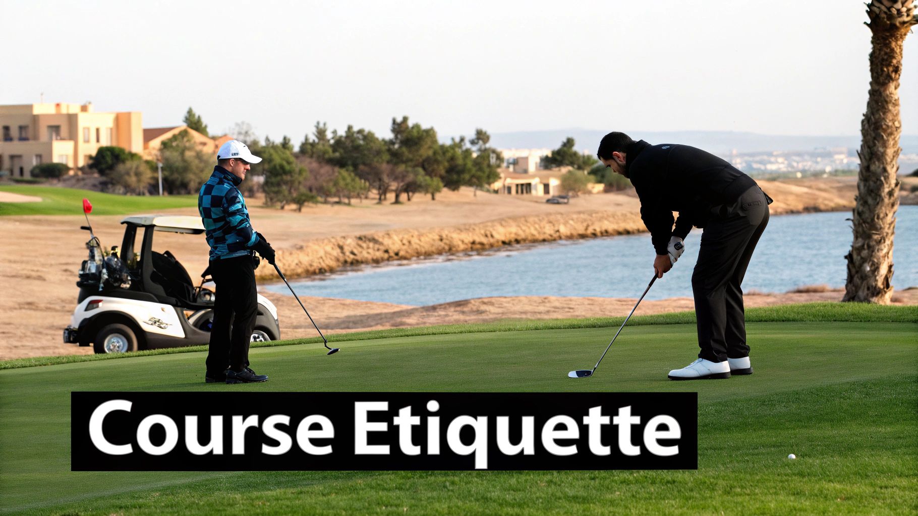 Two golfers on a green course, one prepares to hit the ball while another stands by a golf cart.