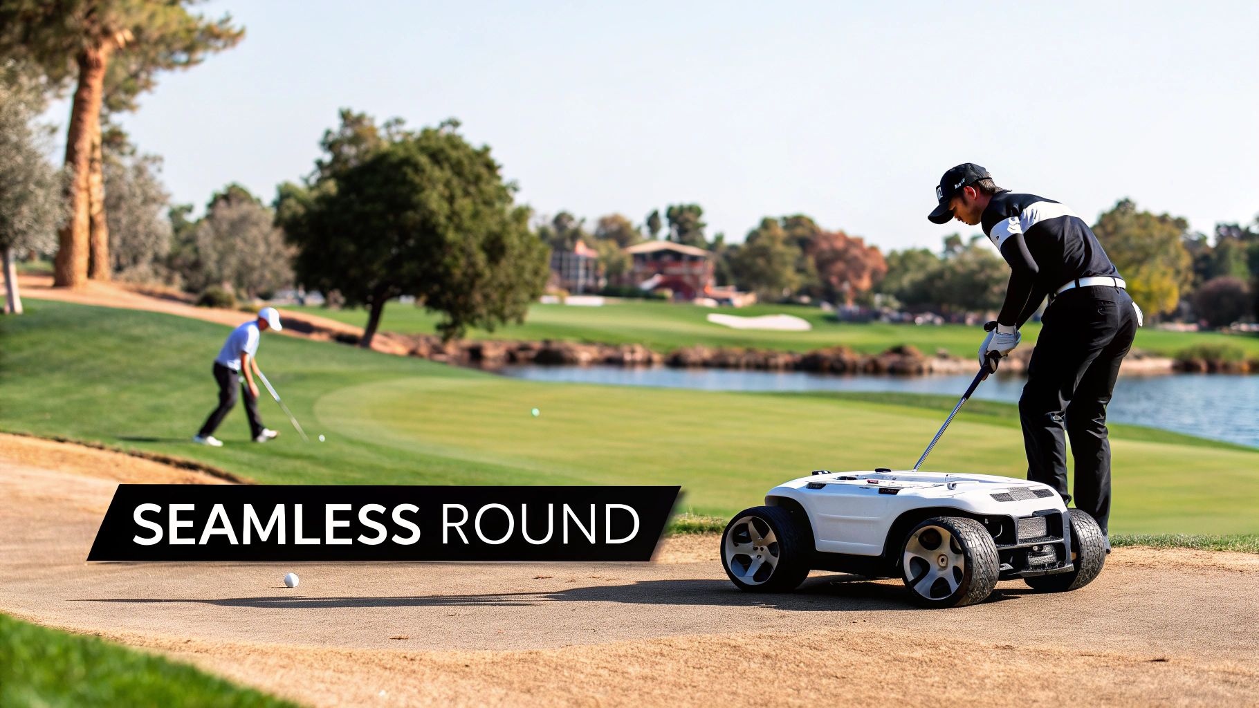 A robotic golf caddy following a golfer on a green fairway