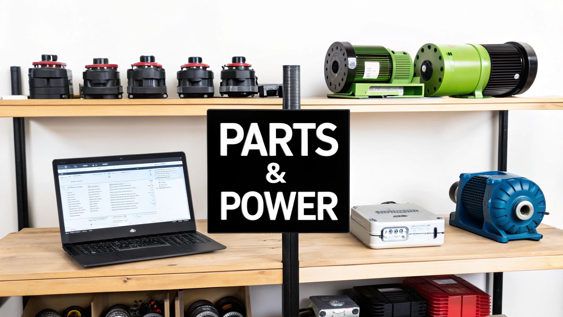 Industrial parts, green motors, a blue pump, and a laptop displayed on wooden shelves with a 'Parts & Power' sign.