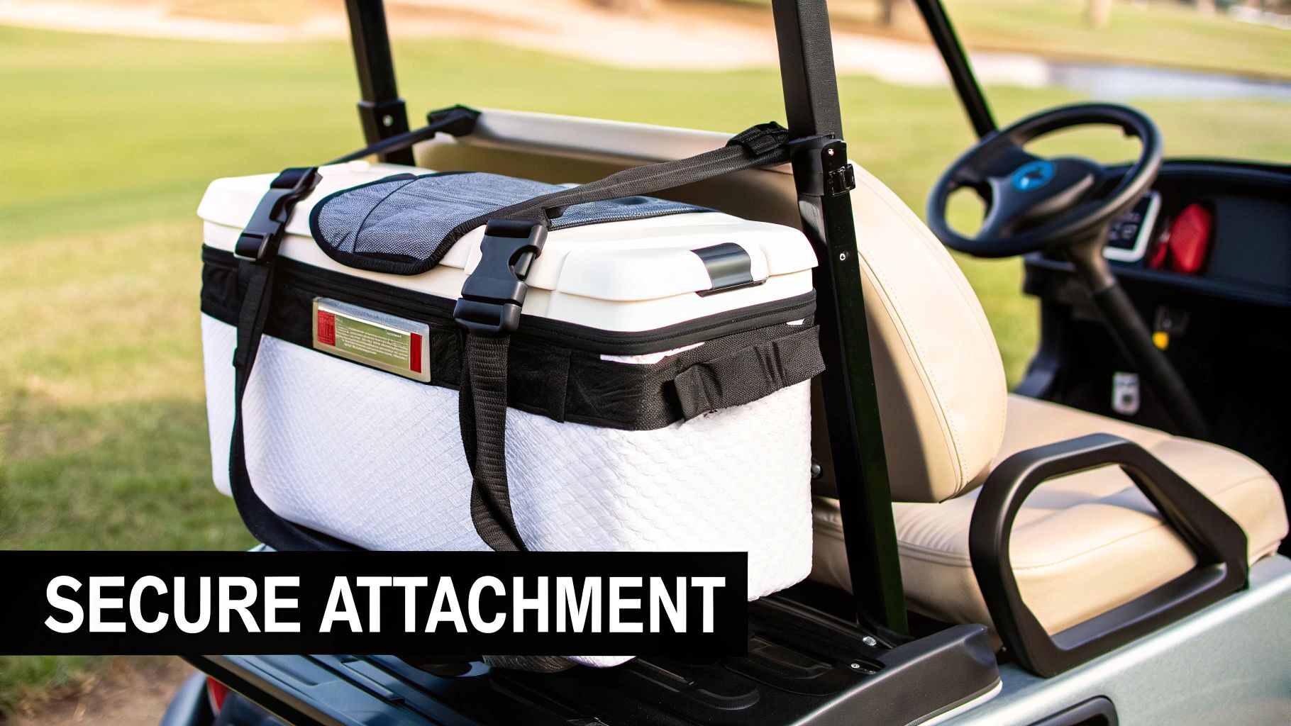 A golf cart cooler bag securely strapped to the front basket of a golf cart.