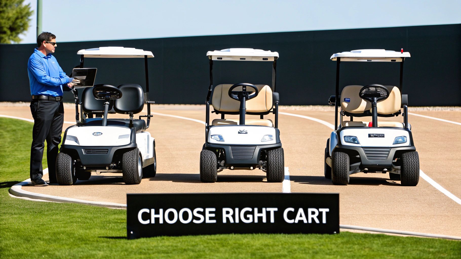 A golfer stands with their electric golf hand cart on a lush green course, ready to play.