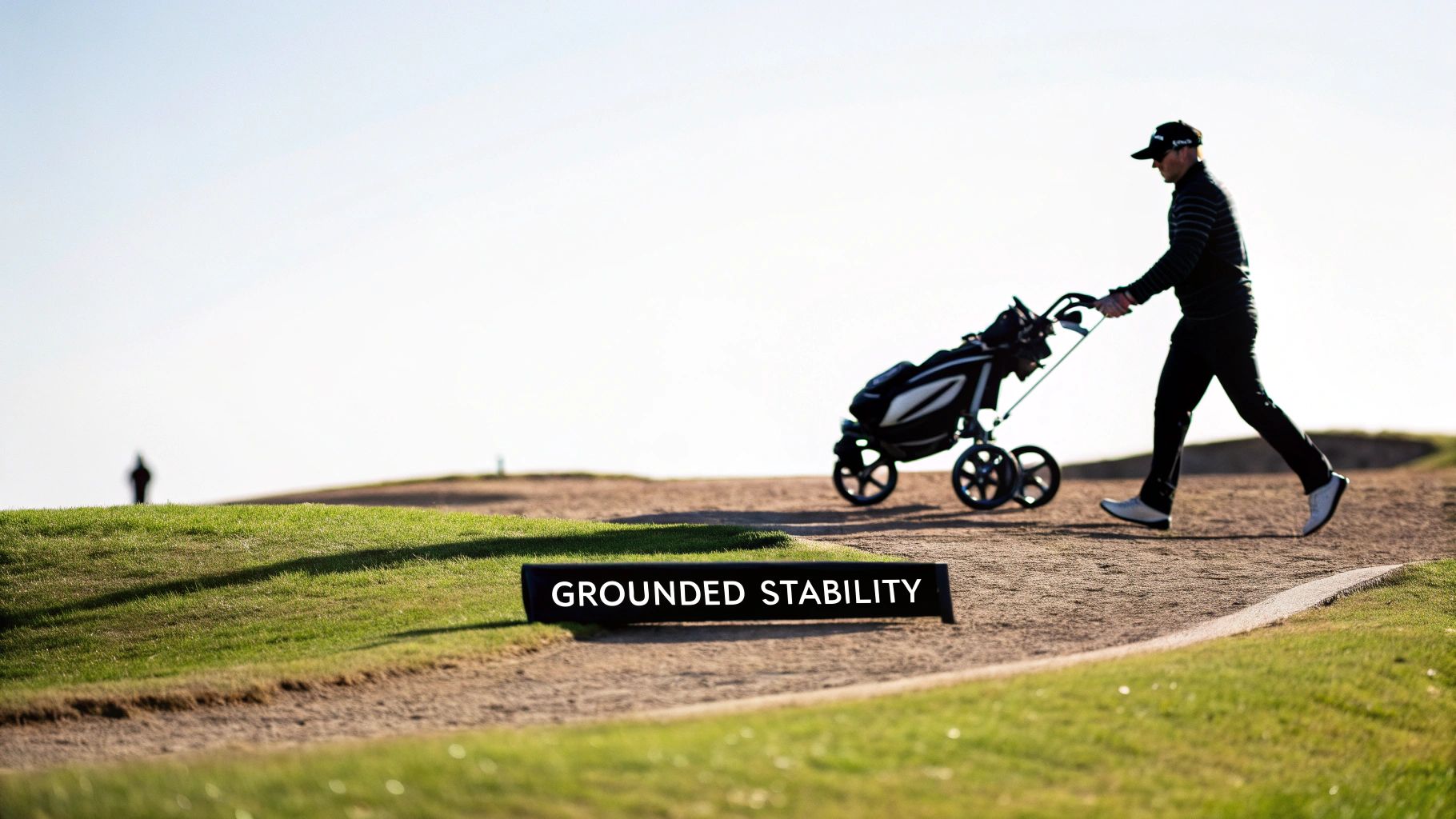A golfer in dark attire pushes a four-wheel golf cart on a dirt path next to a green golf course.