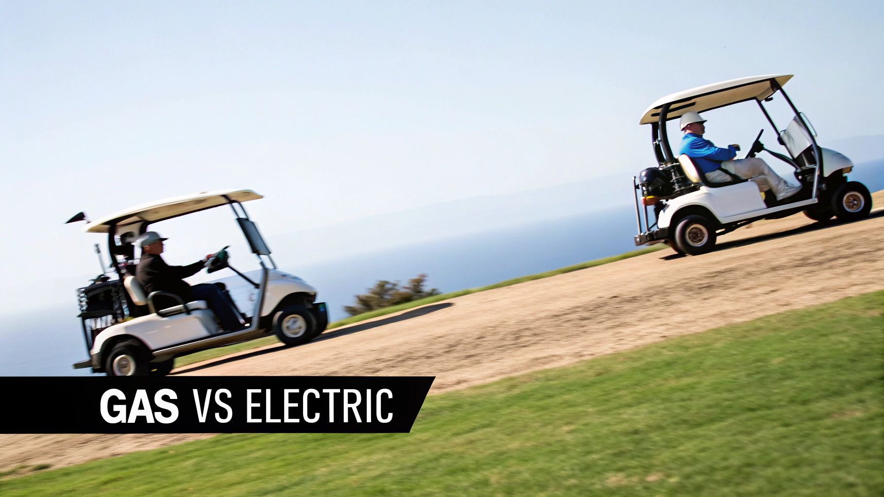 Two golf carts, one gas and one electric, parked side-by-side on a lush green fairway.