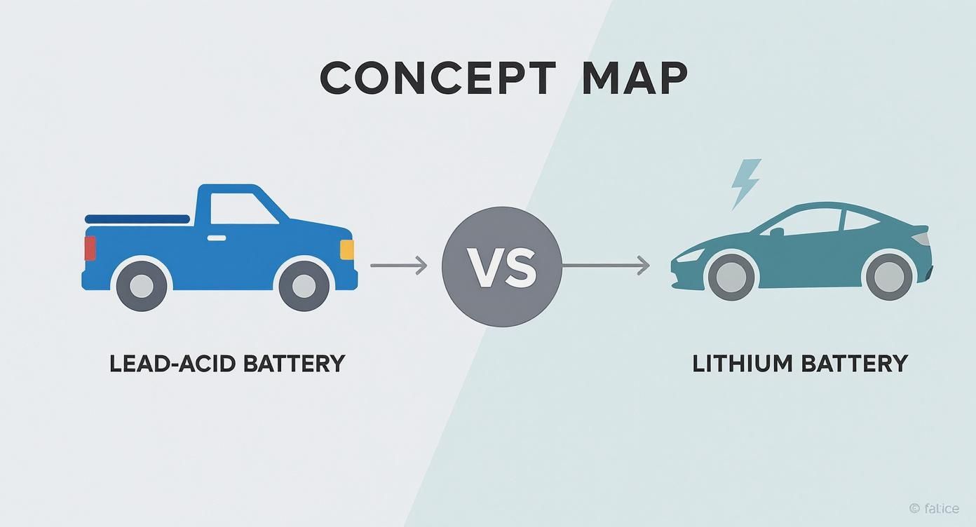 Concept map illustrating the comparison between a lead-acid battery for a pickup truck and a lithium battery for an electric car.