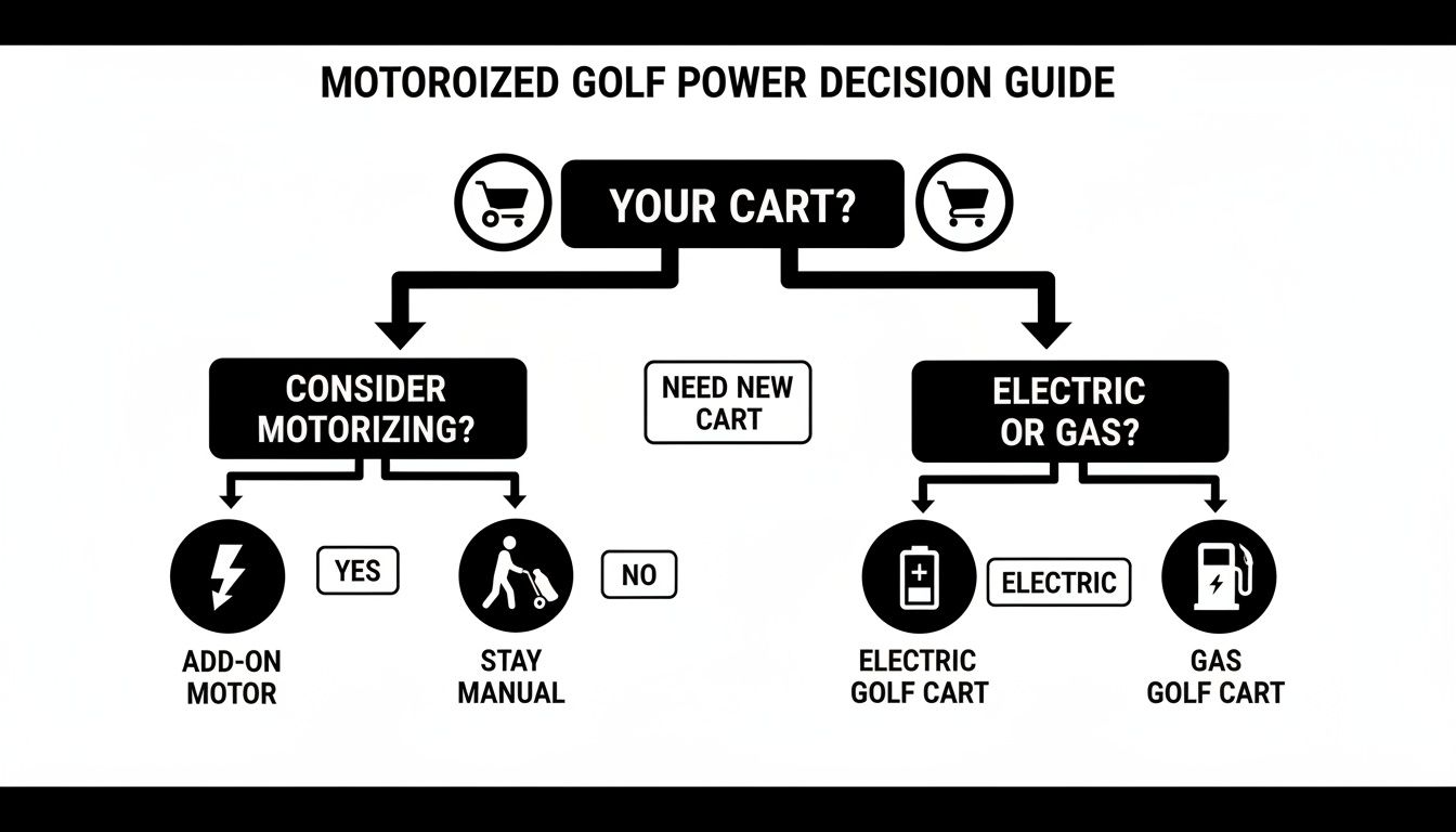 A flowchart decision guide for motorized golf cart power, offering options like add-on motors, electric, or gas.
