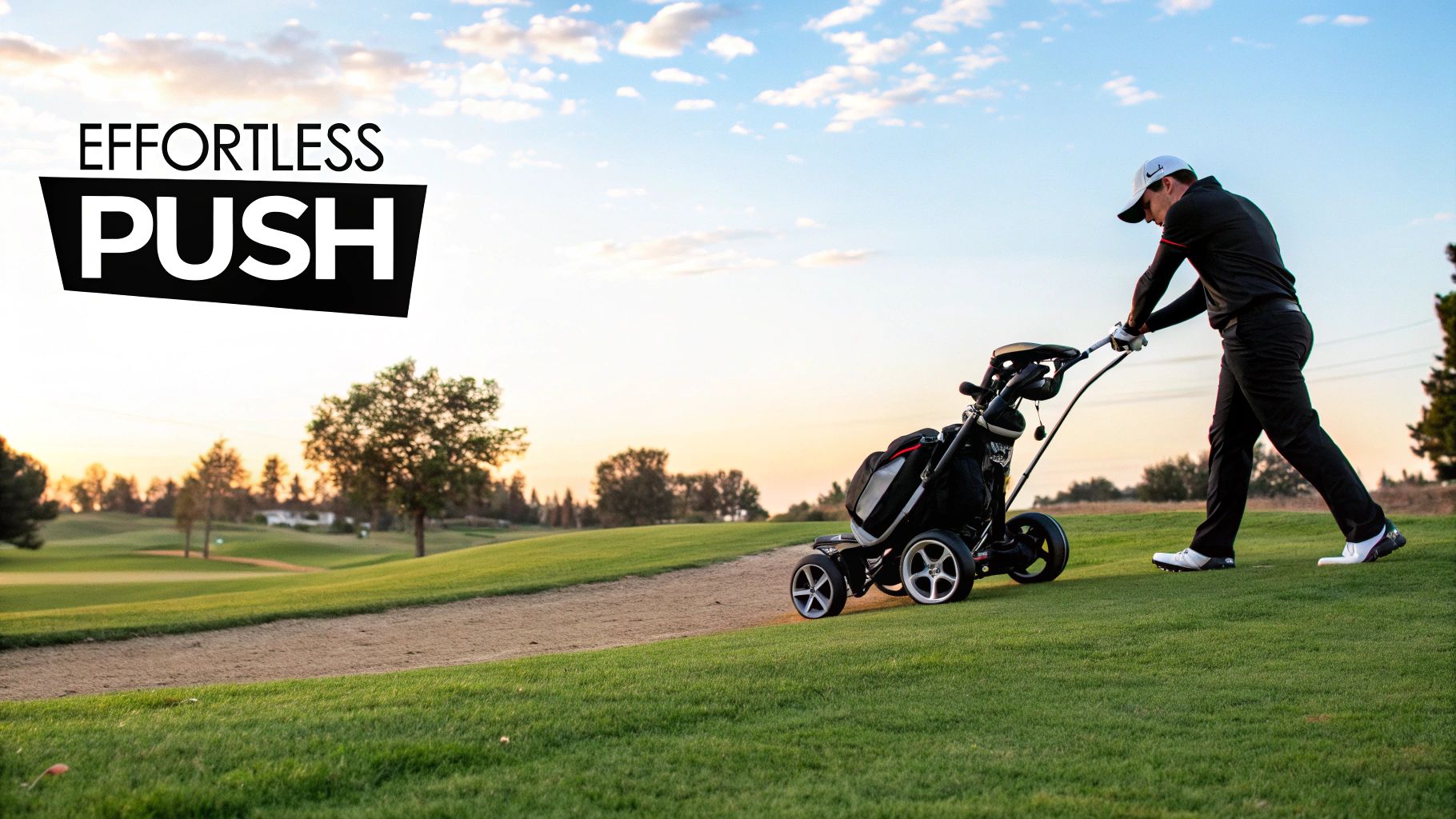 A golfer using an electric push cart motor on a sunny golf course.