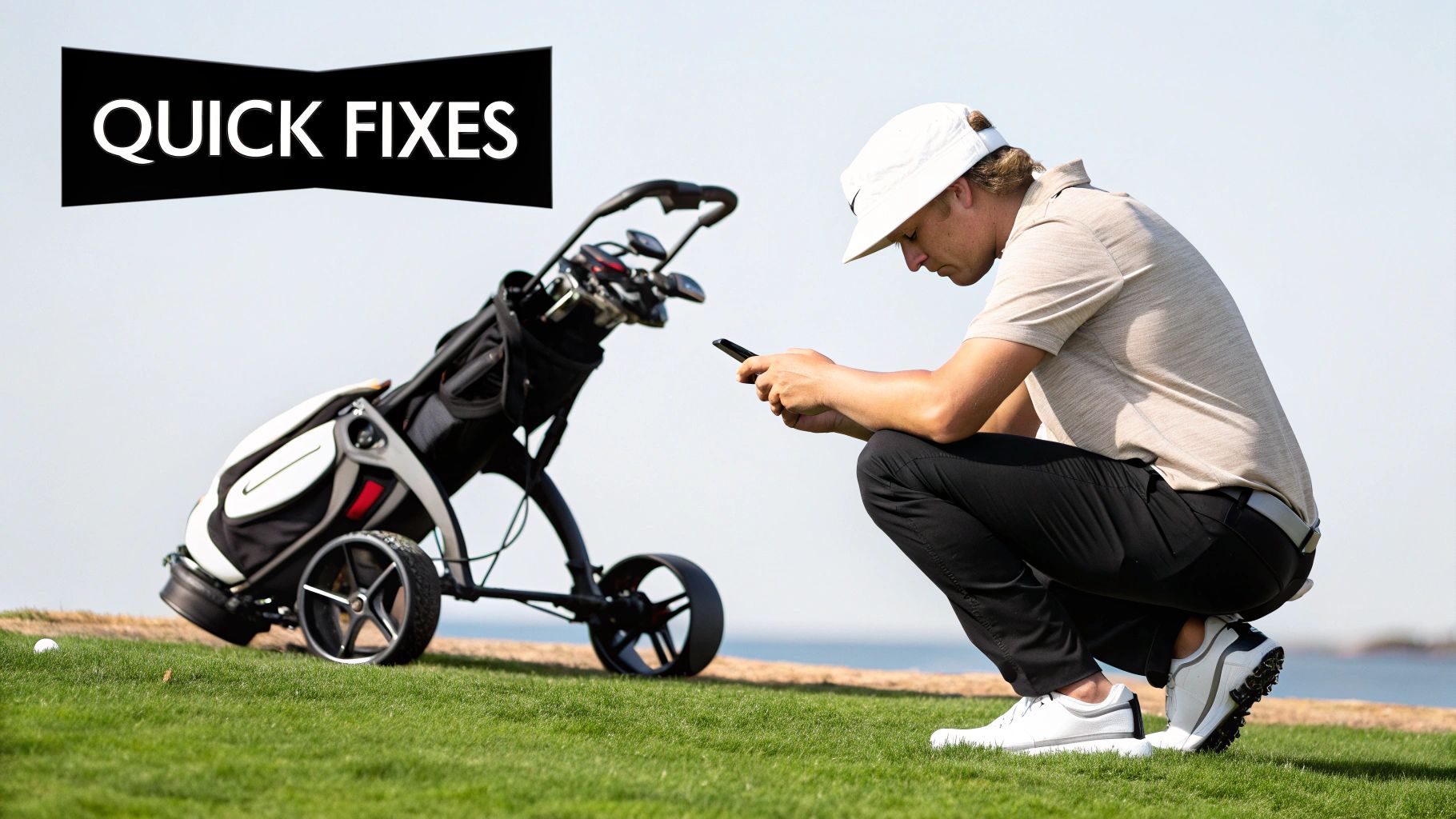 A golfer crouches on a golf course next to a golf pushcart, looking at his smartphone.