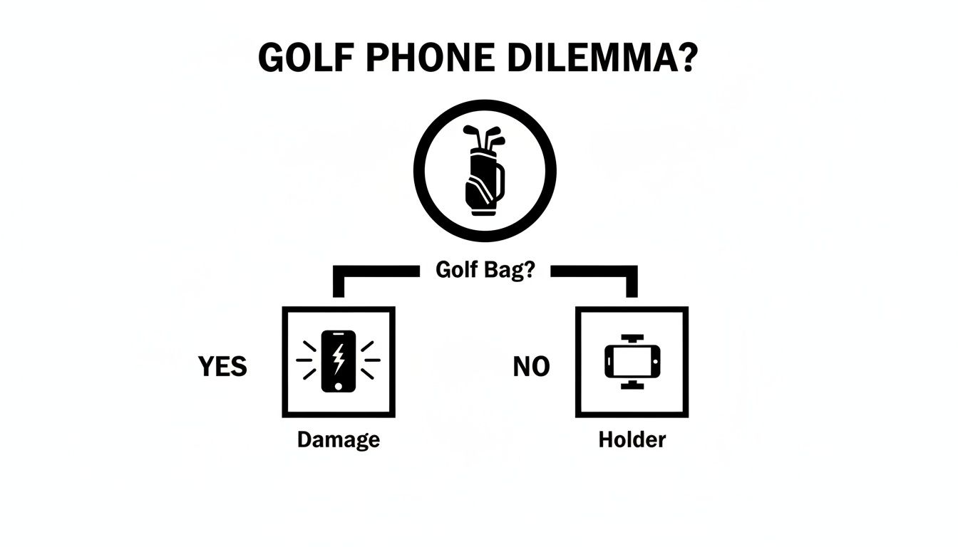 Flowchart illustrating the golf phone dilemma: in golf bag leads to damage, a dedicated holder is the alternative.