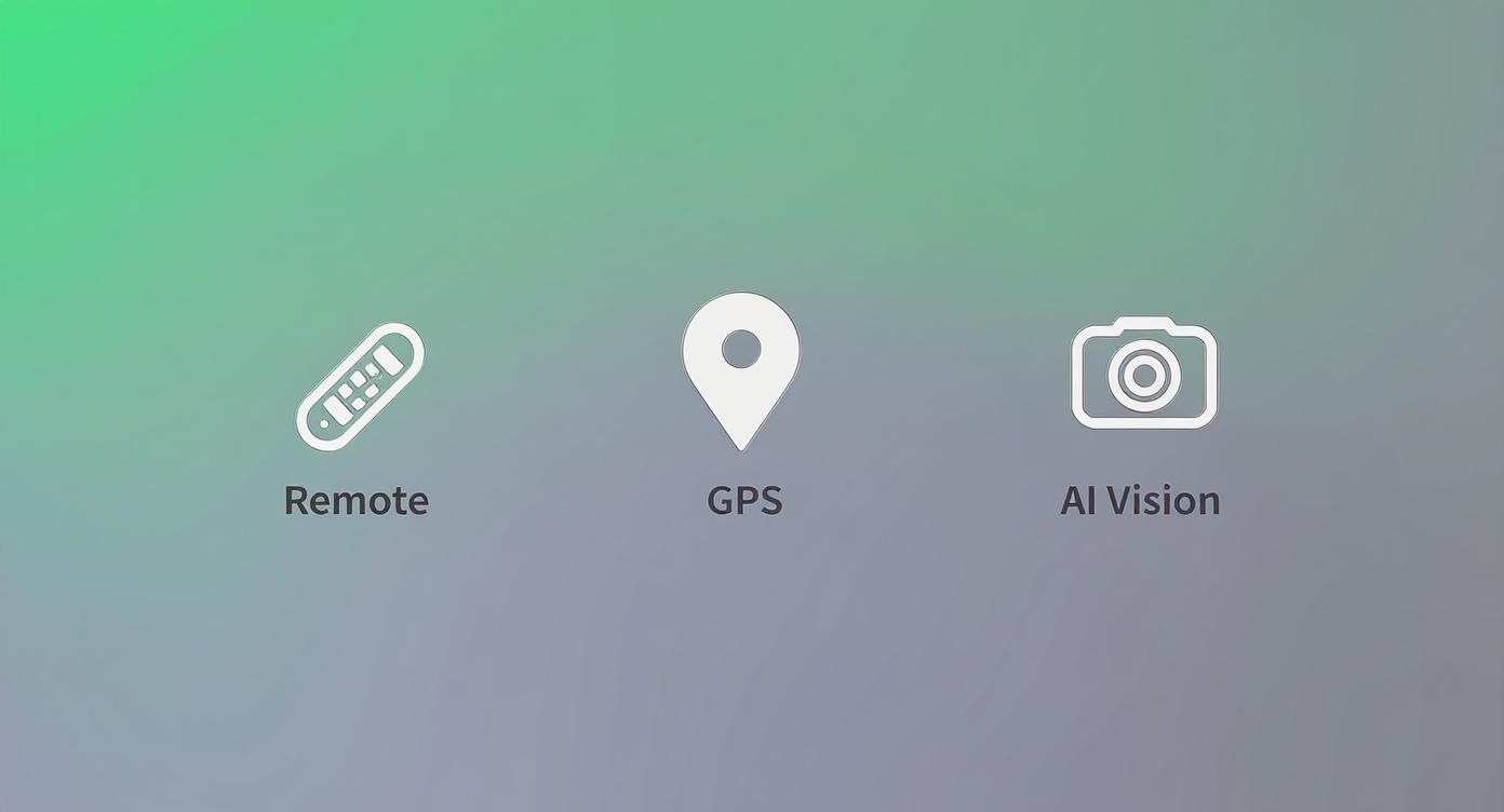 Three white icons: a remote control, a GPS pin, and an AI vision camera.