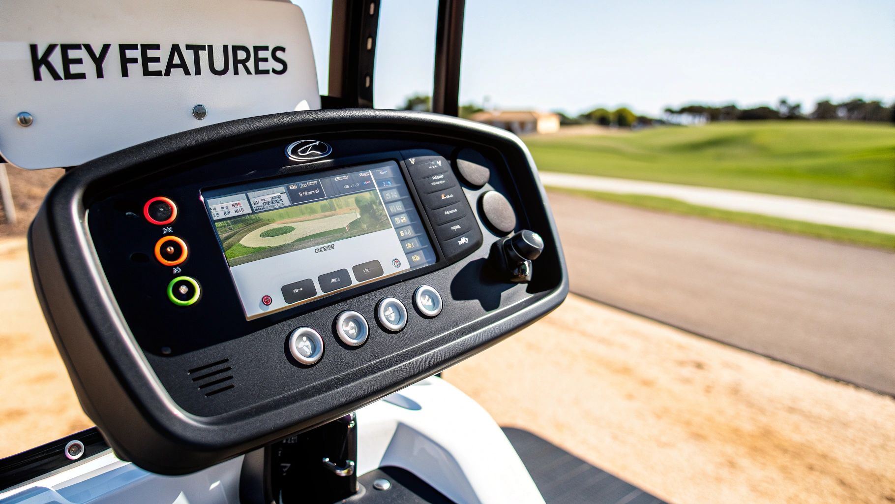 A remote control electric golf cart with advanced features displayed on a sunny golf course.
