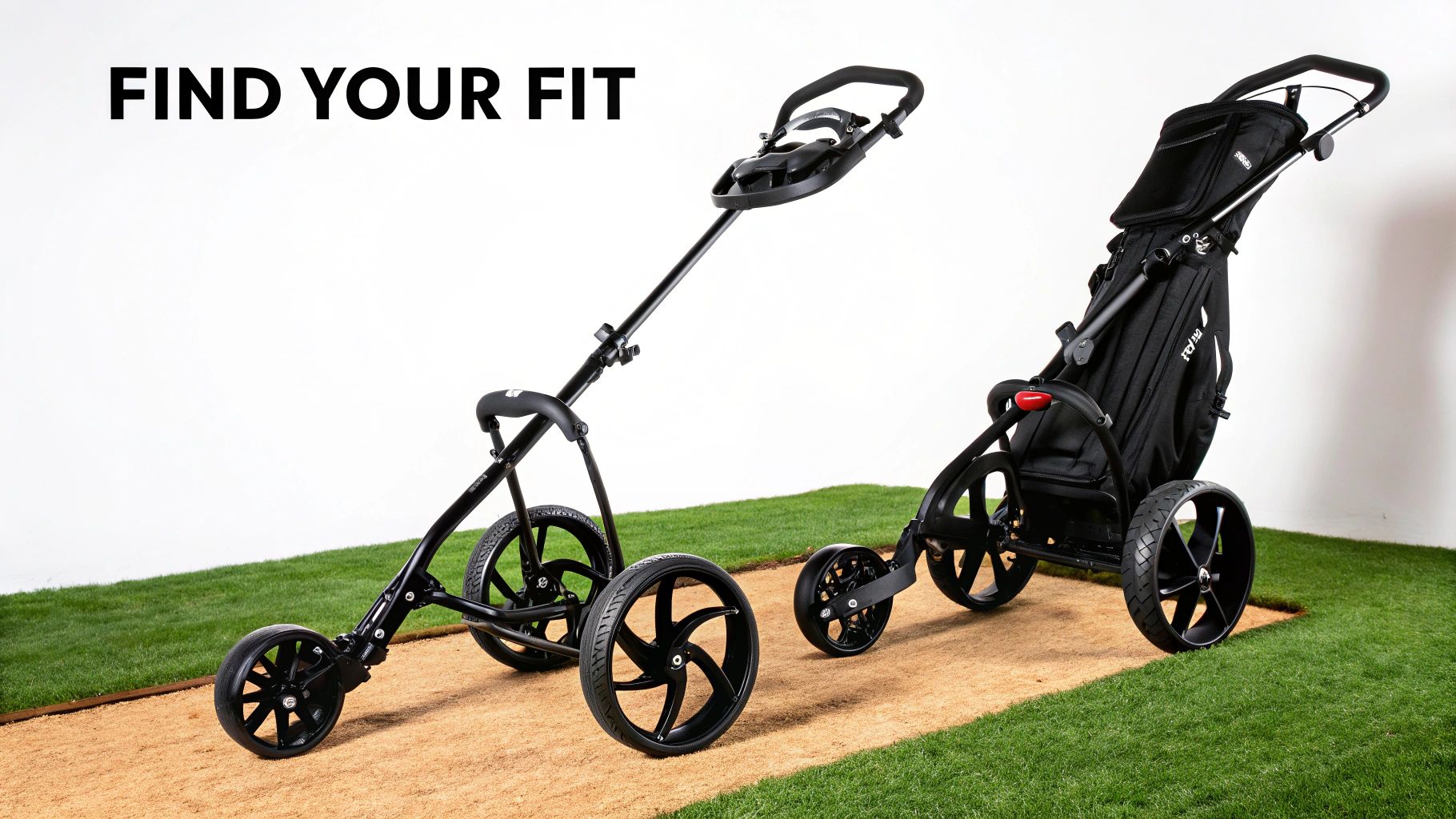 Two modern black golf push carts, one three-wheel and one four-wheel, on a course path.