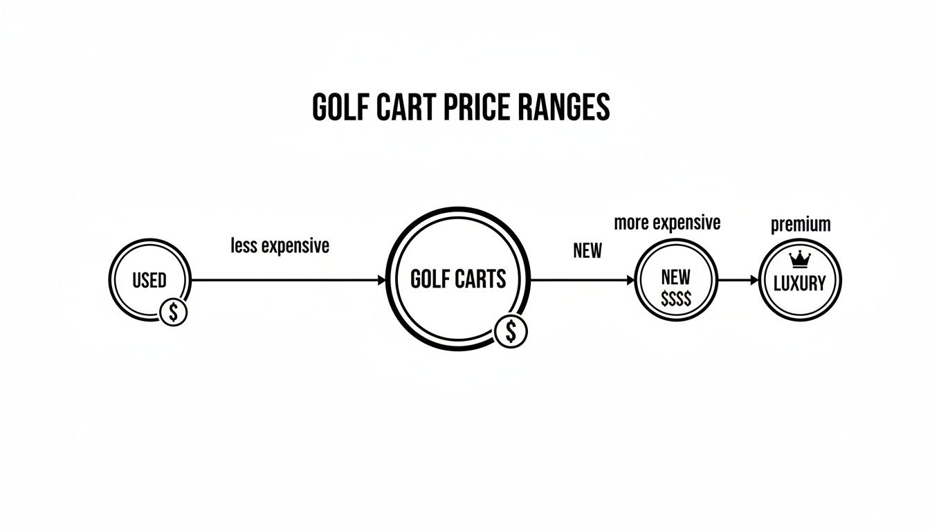 A black and white diagram showing golf cart price ranges, from used to luxury, with increasing cost.