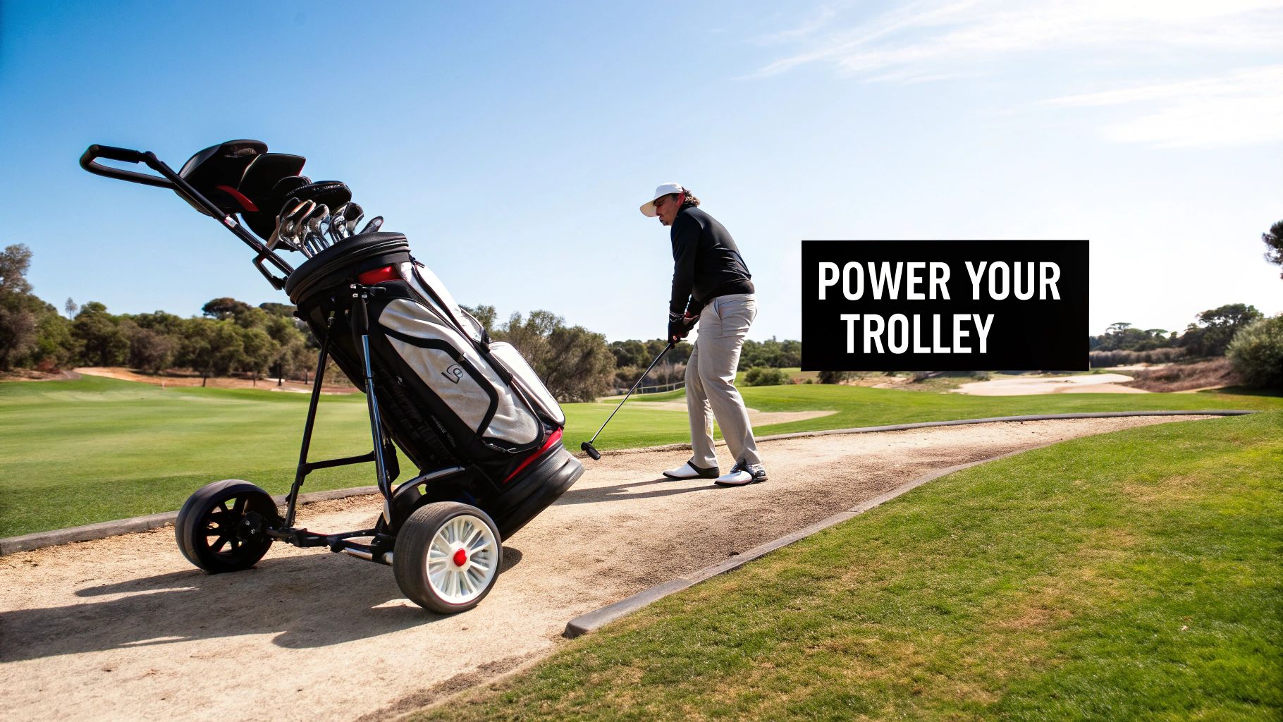 A modern, lightweight golf trolley battery being held in one hand.
