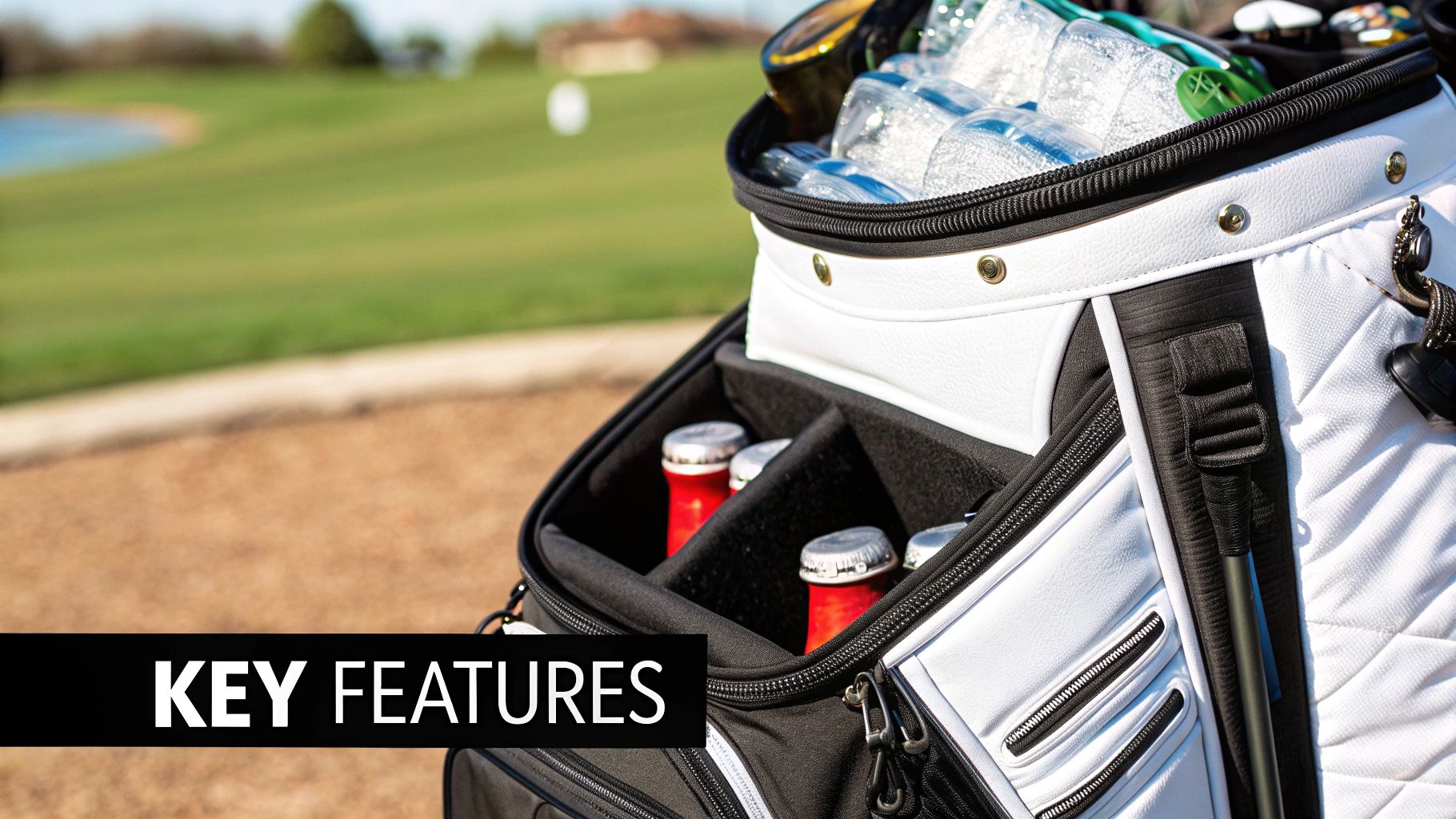 A golfer reaching into the cooler pocket of their golf cart bag to grab a cold beverage.
