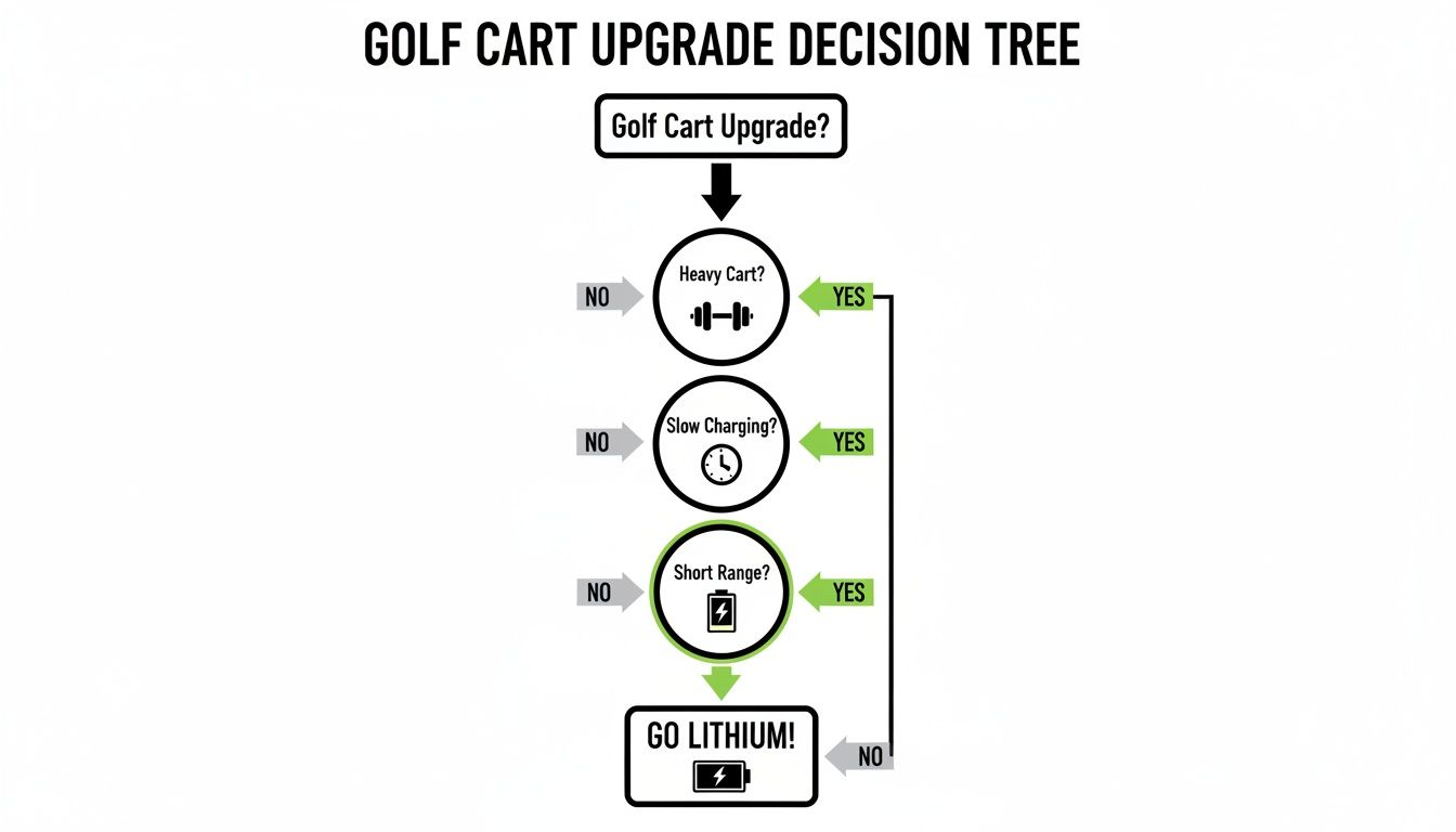 A golf cart upgrade decision tree flow chart recommending lithium for heavy, slow charging, or short range carts.