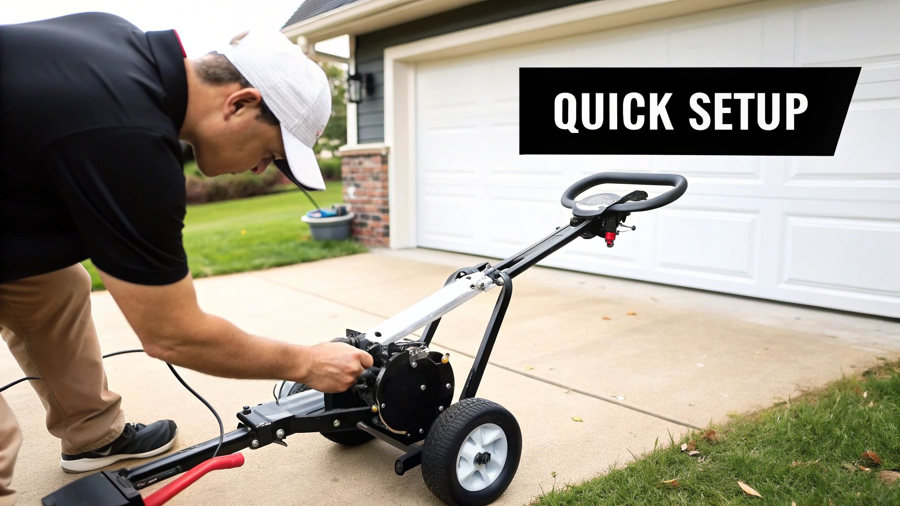 Man setting up an electric golf push cart with 'QUICK SETUP' graphic near a garage.