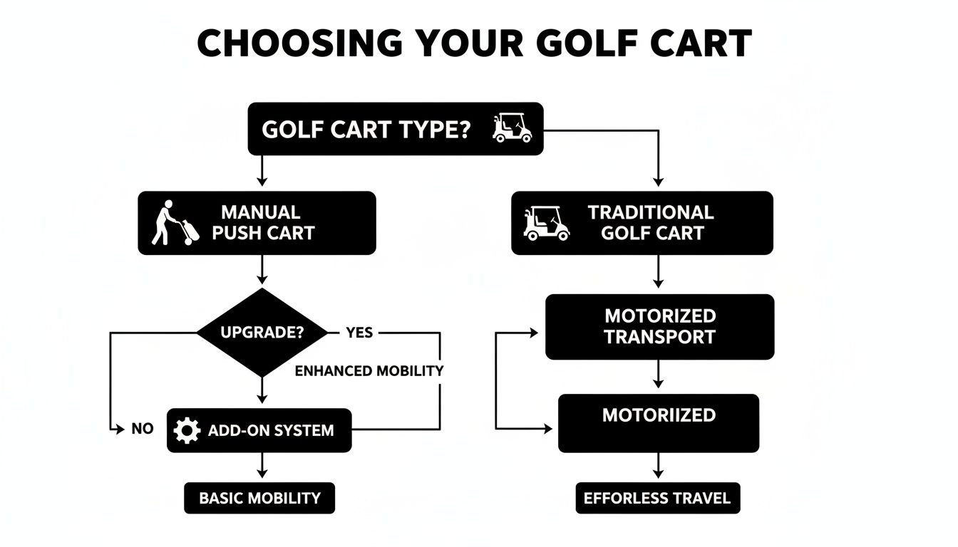 Flowchart for choosing a golf cart: manual push cart (basic/enhanced mobility) or traditional motorized cart (efforless travel).