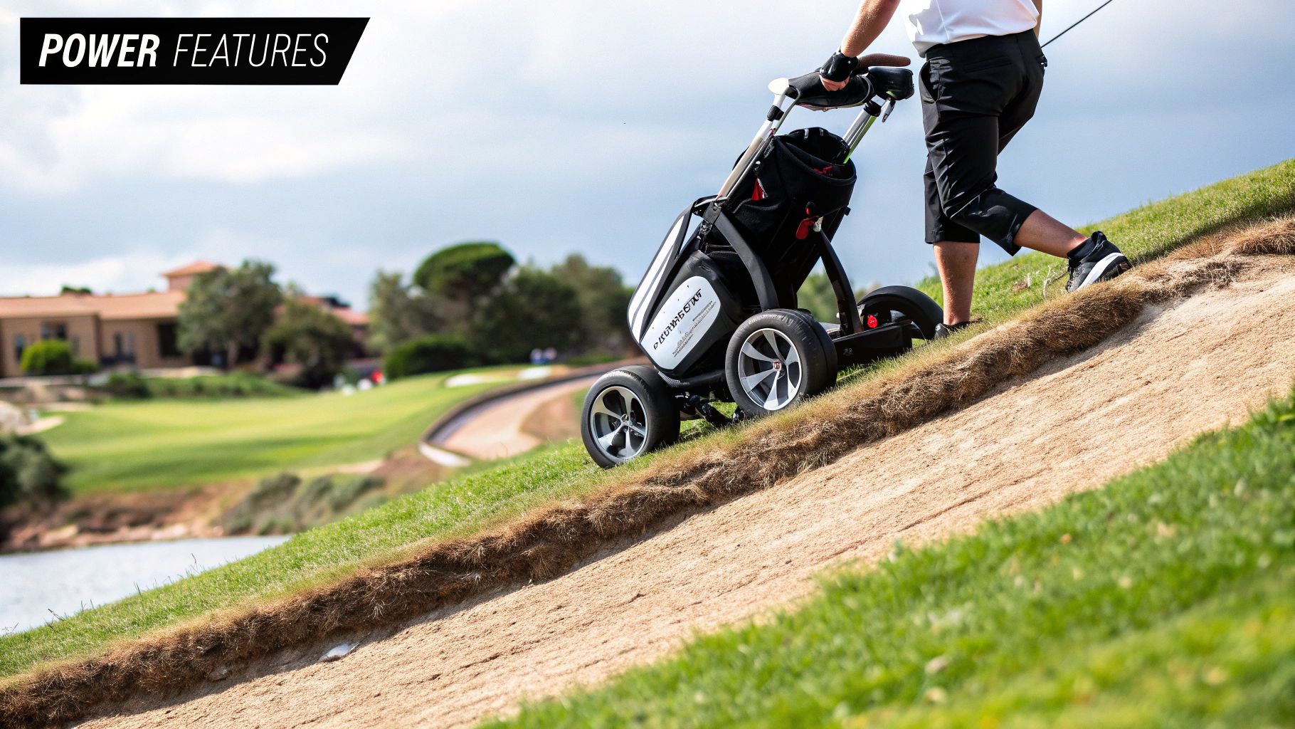 A golfer examines the features of an electric golf caddy on the course.